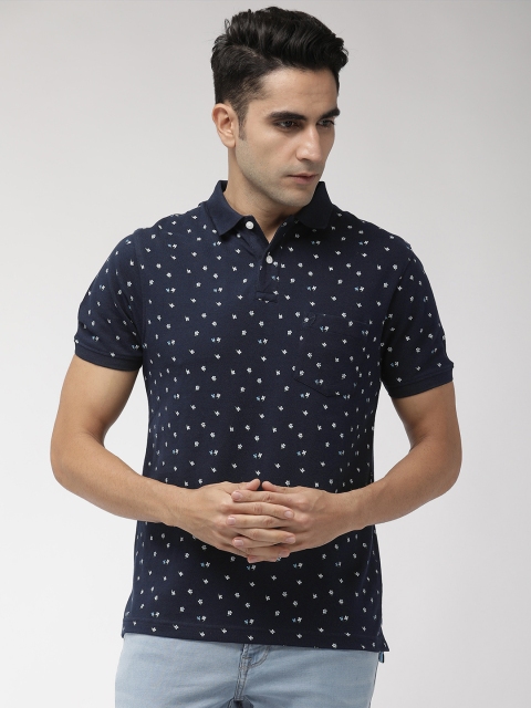 

Indian Terrain Men Navy Blue White Regular Fit Printed Polo Collar Pure Cotton T-shirt
