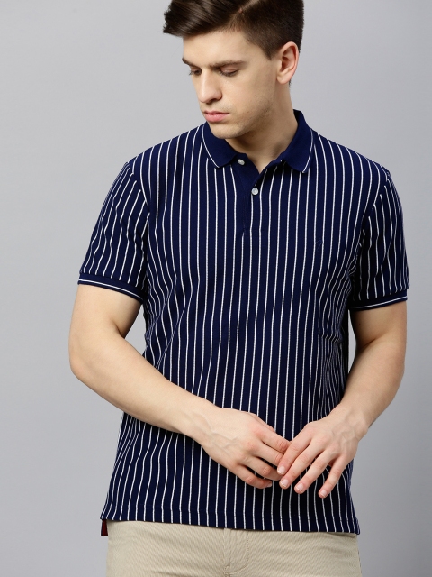 

Indian Terrain Men Navy Blue & White Striped Polo Collar T-shirt