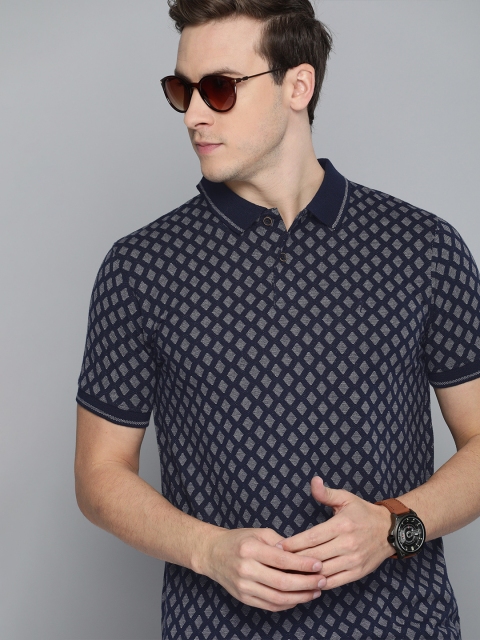 

Indian Terrain Men Navy Blue & Grey Self Design Polo Collar T-shirt