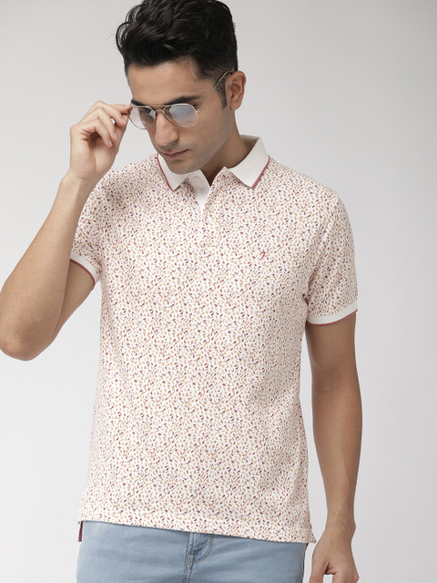 

Indian Terrain Men White Pink Regular Fit Printed Polo Collar Pure Cotton T-shirt