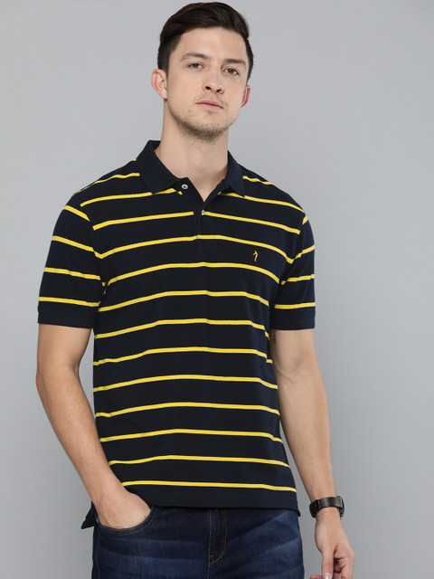 

Indian Terrain Men Navy Blue Yellow Striped Polo Collar Pure Cotton T-shirt