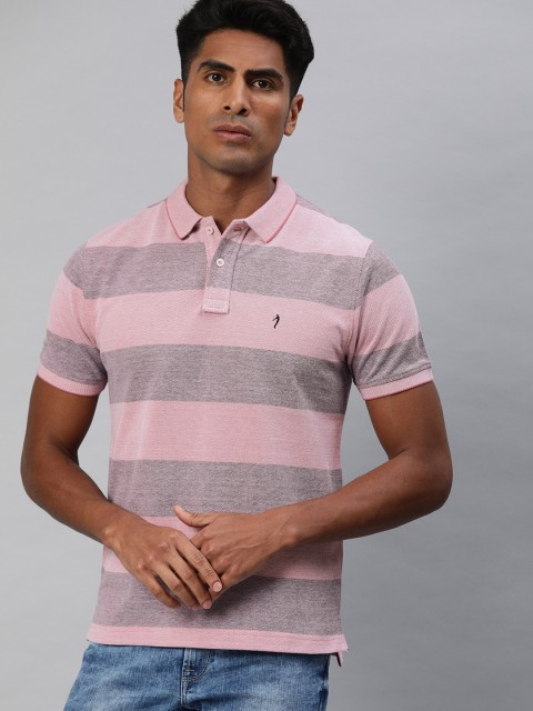 

Indian Terrain Men Pink Navy Blue Striped Polo Collar Pure Cotton T-shirt