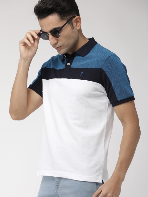 

Indian Terrain Men White Navy Blue Colourblocked Polo Collar Pure Cotton T-shirt