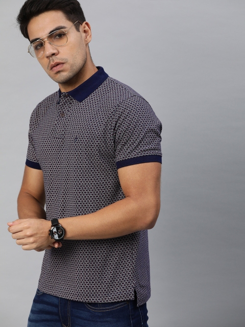 

Indian Terrain Men Navy Blue White Printed Polo Collar Pure Cotton T-shirt