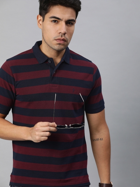 

Indian Terrain Men Burgundy & Navy Blue Striped Polo Collar T-shirt