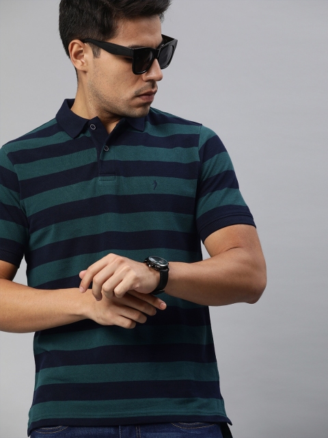 

Indian Terrain Men Navy Blue & Green Striped Polo Collar T-shirt