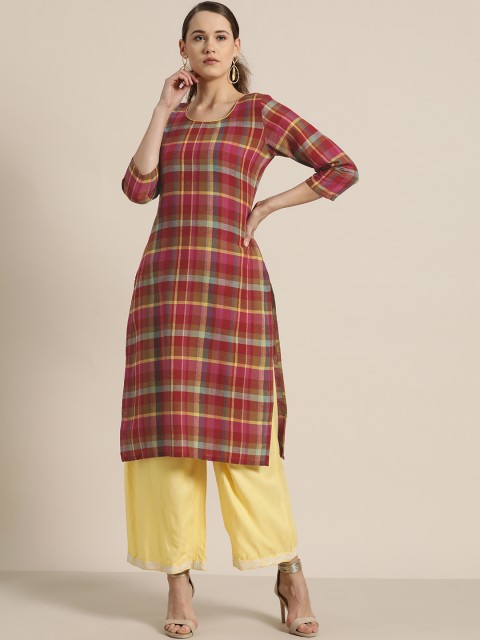 

Moda Rapido Women Pink & Yellow Checked Straight Kurta