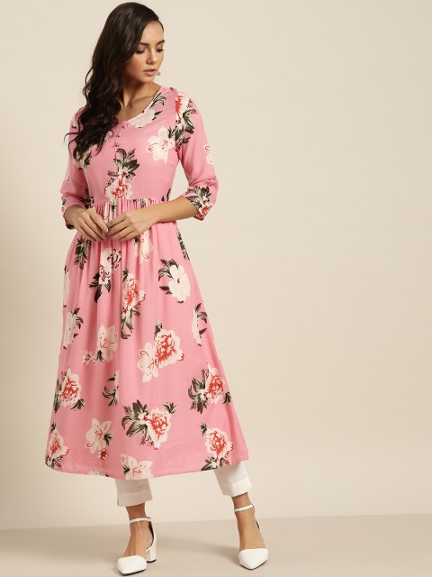 

Moda Rapido Women Pink & Off-White Floral Print A-Line Kurta