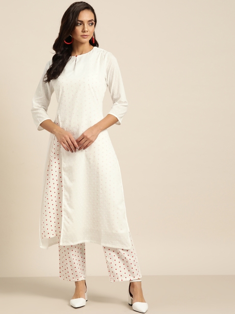 

Moda Rapido Women White & Red Self Design Layered Kurta with Palazzos