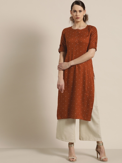 

Moda Rapido Women Rust Brown & Off-White Printed Straight Kurta