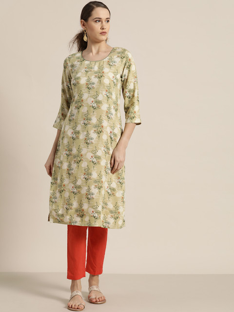 

Moda Rapido Women Green & Off-White Printed Straight Kurta