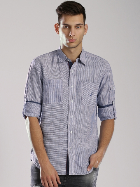 

Nautica Men Blue & White Regular Fit Striped Casual Shirt
