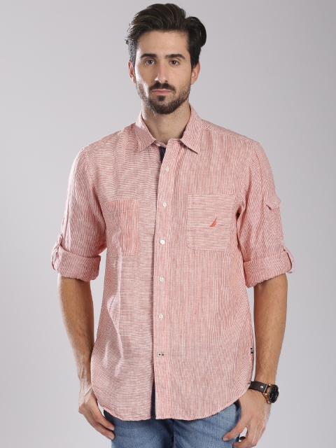 

Nautica Rust Orange & White Striped Linen Casual Shirt