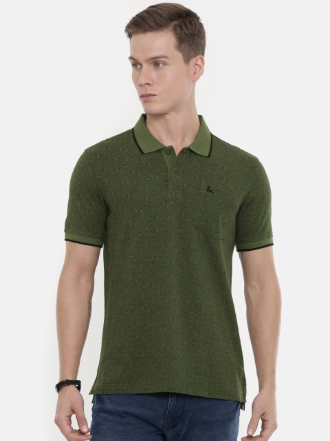 

Parx Men Olive Green Black Printed Polo Collar Pure Cotton T-shirt