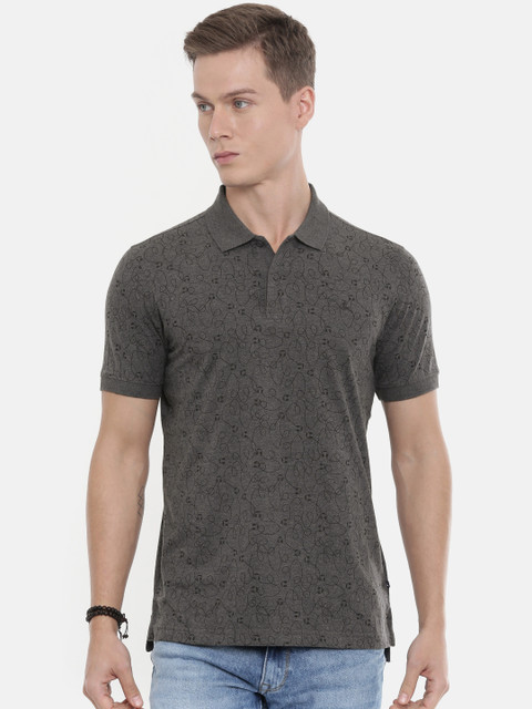 

Parx Men Grey Black Printed Polo Collar Pure Cotton T-shirt