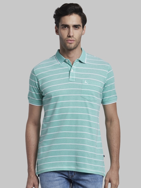 

Parx Men Green Striped Polo Collar Pure Cotton T-shirt