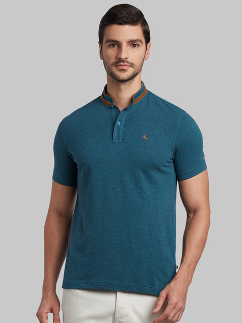 

Parx Men Teal Green Solid Mandarin Collar T-shirt