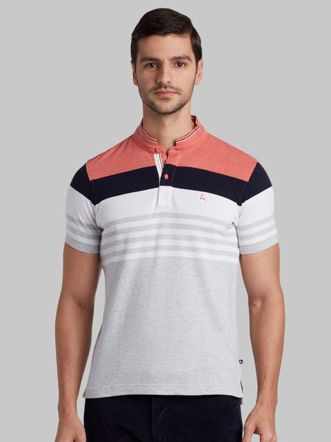 

Parx Men Grey & Orange Striped Mandarin Collar T-shirt