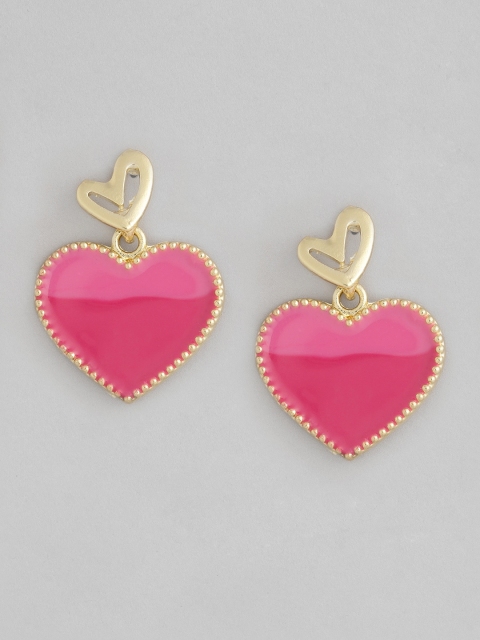 

justpeachy Gold-Toned & Pink Enamelled Heart Shaped Drop Earrings