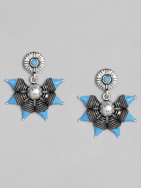 

justpeachy Blue & Silver-Toned Oxidised Geometric Drop Earrings
