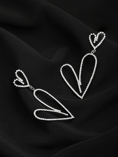 

justpeachy Silver-Plated Heart Shaped Cubic Zirconia Studded Drop Earrings