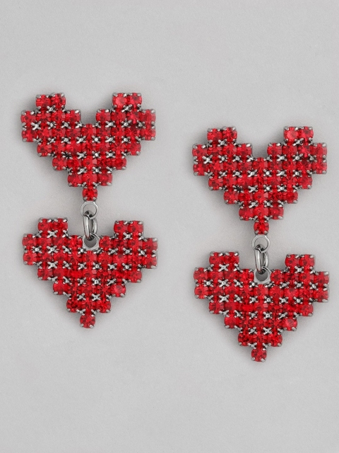 

justpeachy Red & Silver-Plated Cubic Zirconia Studded Heart Shaped Drop Earrings