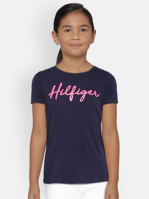 

Tommy Hilfiger Girls Navy Blue & Pink Printed Round Neck T-shirt
