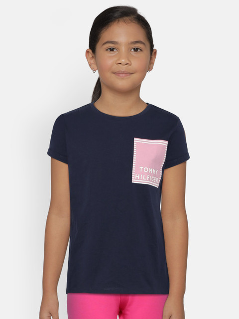 

Tommy Hilfiger Girls Navy Blue & Pink Printed Round Neck T-shirt