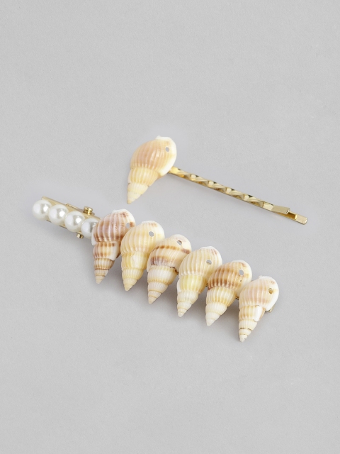 

justpeachy Women Set of 2 Beige & Gold-Toned Sea Shell Studded & Beaded Hair Clips