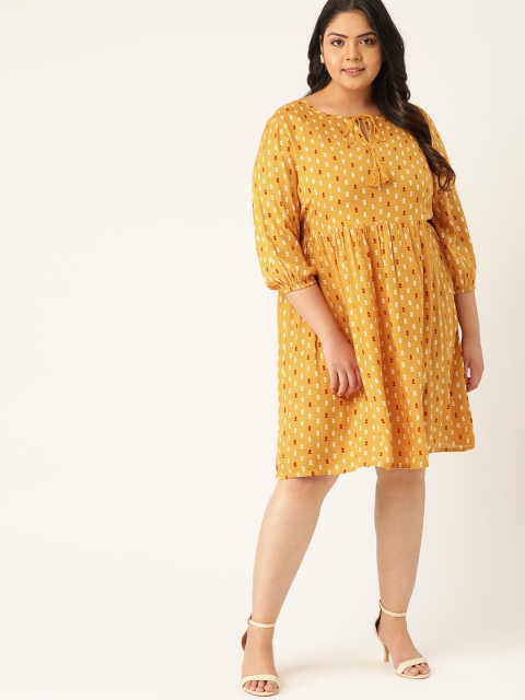 

Sztori Women Plus Size Mustard Yellow & White Geometric Printed A-Line Dress