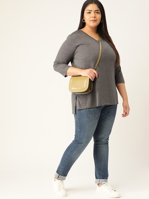 

Sztori Plus Size Women Charcoal Grey Solid Cotton V-Neck T-shirt