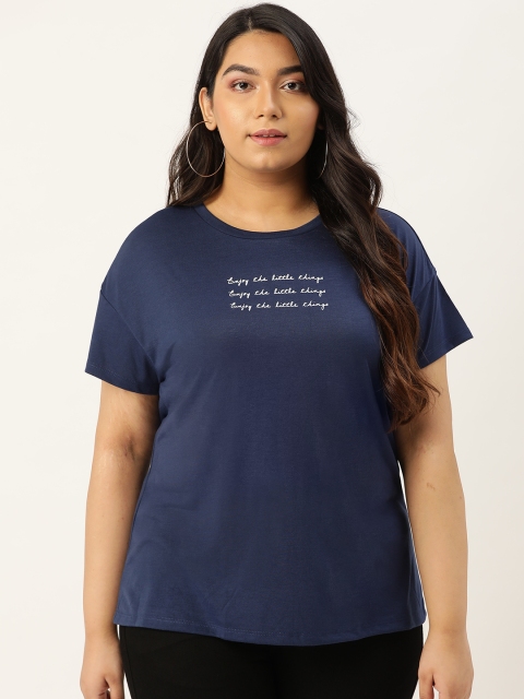 

Sztori Women Navy Blue Printed Plus Size Round Neck T-shirt