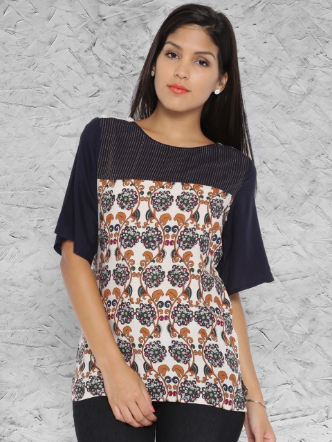 

IMARA Beige & Navy Printed Top