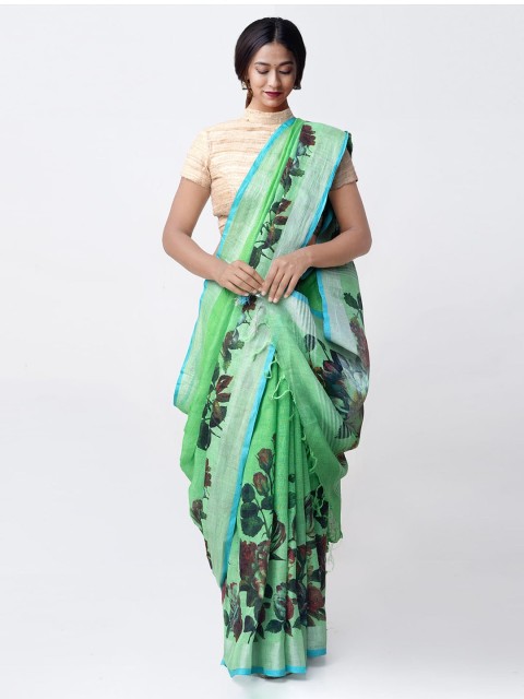 

Unnati Silks Green Printed Handloom Pure Linen Sustainable Saree
