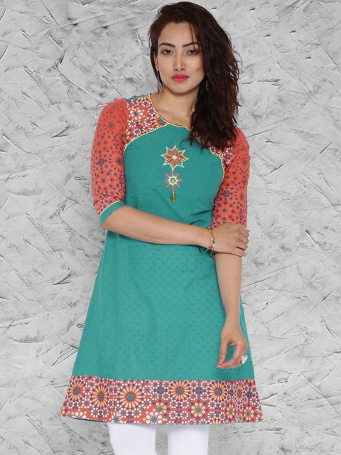 

IMARA Teal Blue Moroccan Printed A-Line Kurta