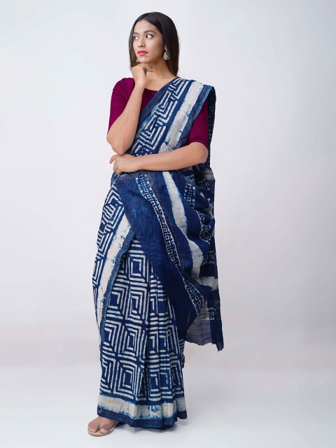 

Unnati Silks Blue Silk Cotton Printed Handloom Chanderi Sustainable Saree