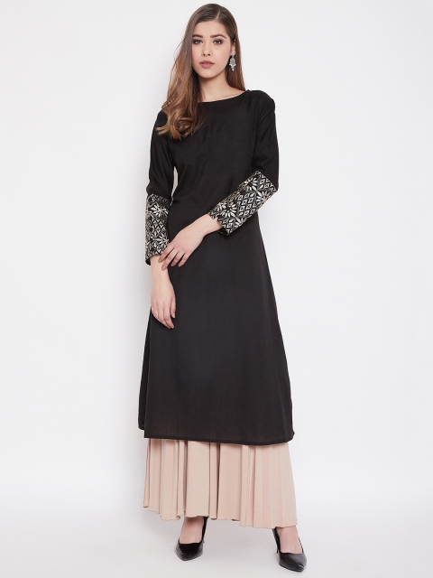 

TJORI Women Black Solid Handcrafted A-Line Kurta