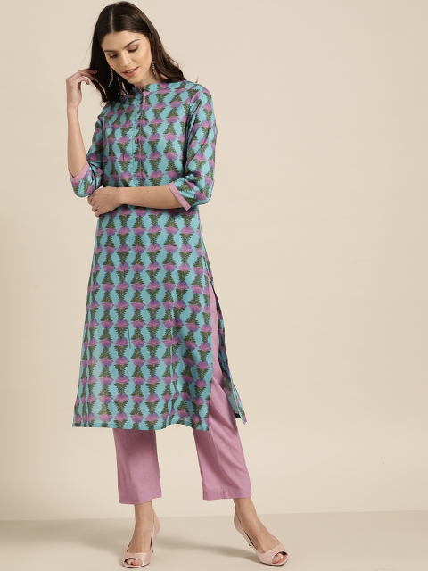 

Shae by SASSAFRAS Women Blue & Lavender Printed Straight Kurta with Trousers