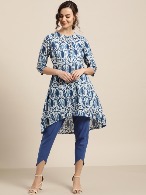 

Shae by SASSAFRAS Women White & Blue Paisley Print High-Low Kurta with Trousers