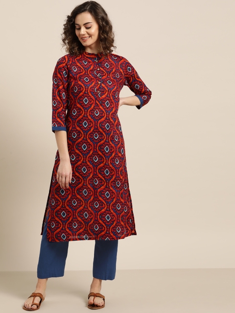 

Shae by SASSAFRAS Women Red & Navy Blue Ikat Printed Kurta with Trousers