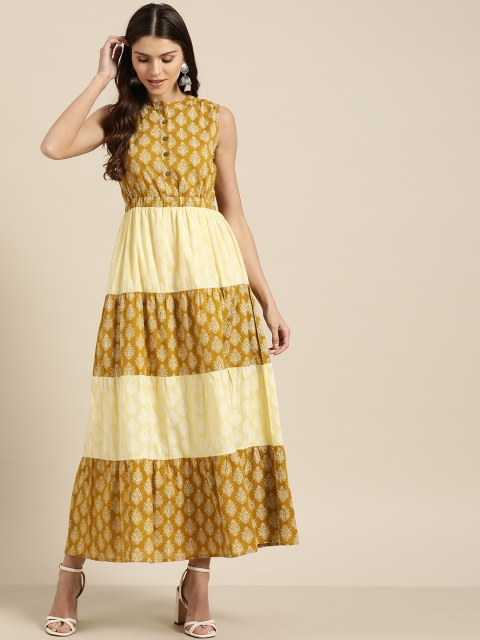 

Shae by SASSAFRAS Women Mustard Yellow & White Printed Tiered Maxi Dress