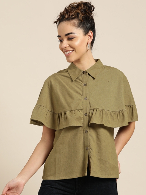 

Shae by SASSAFRAS Women Olive Green Regular Fit Solid Casual Shirt
