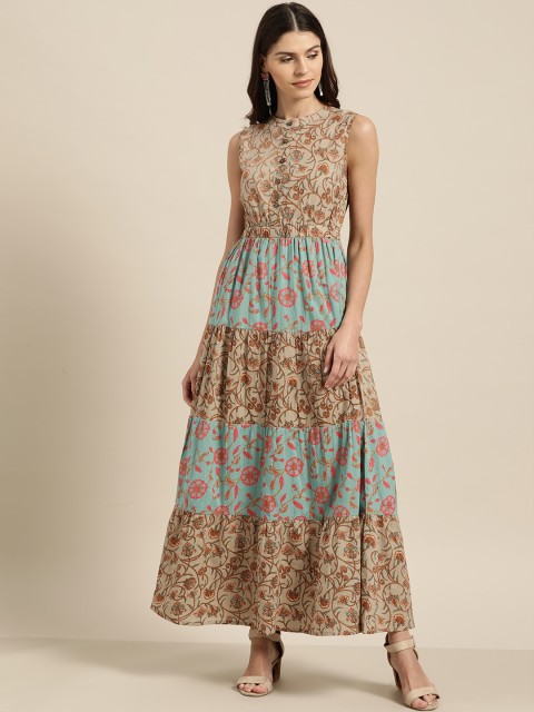 

Shae by SASSAFRAS Women Brown & Blue Printed Tiered Maxi Dress