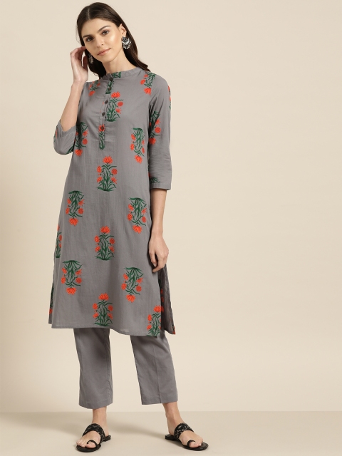 

Shae by SASSAFRAS Women Grey & Orange Printed Straight Kurta with Trousers