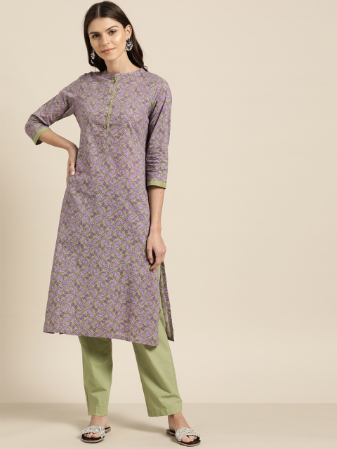 

Shae by SASSAFRAS Women Olive Green & Purple Printed Straight Kurta with Trousers