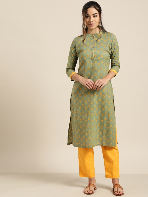 

Shae by SASSAFRAS Women Olive Green & Mustard Yellow Printed Straight Kurta with Trousers