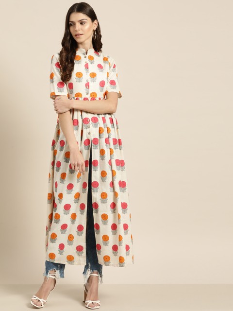 

Shae by SASSAFRAS Women Off-White & Orange Printed A-Line Kurta