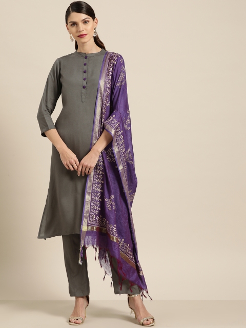 

Shae by SASSAFRAS Women Charcoal Grey & Purple Solid Kurta with Trousers & Dupatta