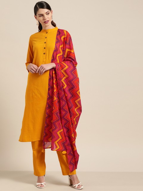 

Shae by SASSAFRAS Women Mustard Yellow & Red Solid Kurta with Trousers & Dupatta