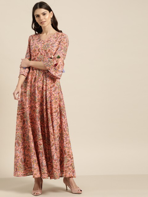 

Shae by SASSAFRAS Women Pink & Olive Green Floral Printed Anarkali Kurta